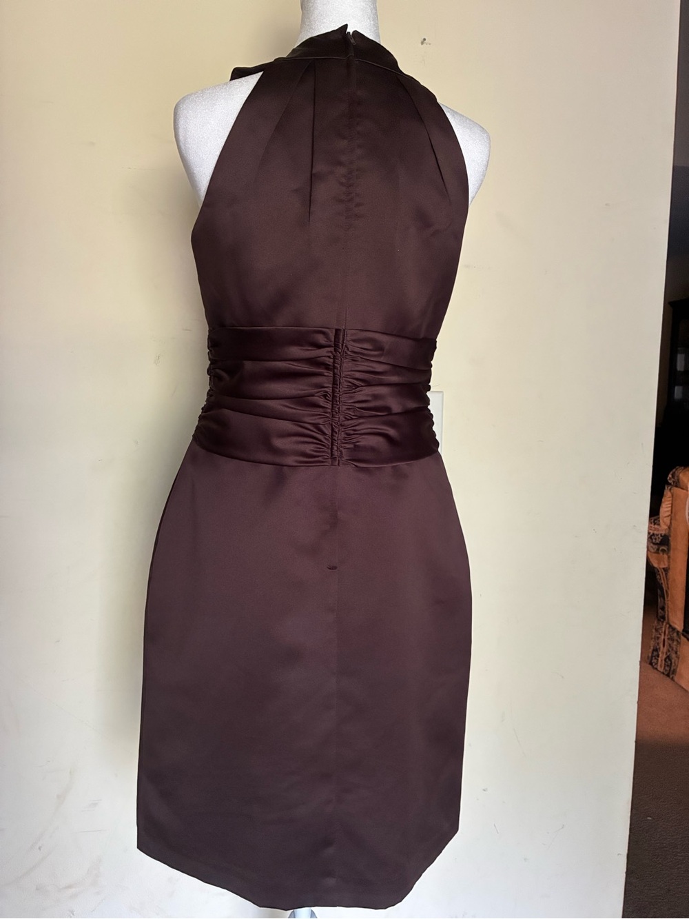 David’s Bridal Chocolate Brown Satin High Neck Rushed Waist Cocktail Dress sz 6 - Picture 2 of 5